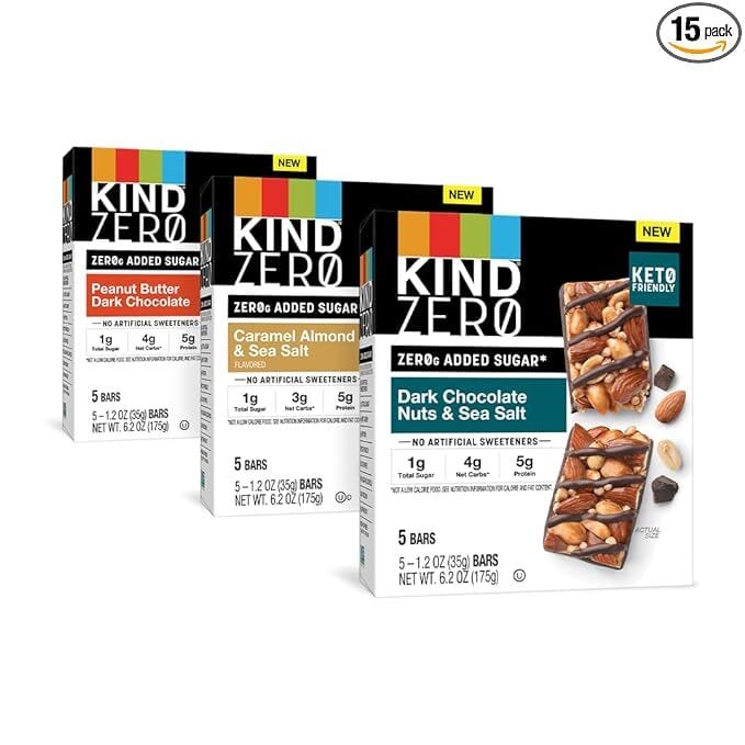 The lineup of Kind Zero Bars, including Peanut Butter Dark Chocolate, Caramel Almond & Sea Salt, and Dark Chocolate Nuts & Sea Salt