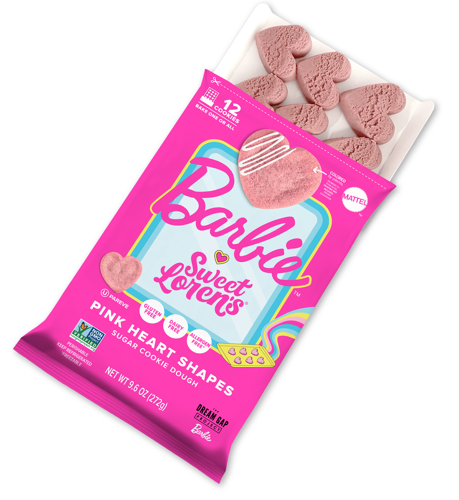 Barbie Sweet Loren's Pink Heart Shapes Sugar Cookie Dough with 12 pre-formed pink heart cookies.