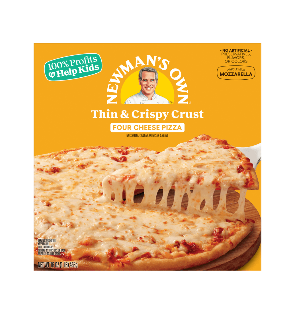 Newman's Own Thin & Crispy Four Cheese Pizza box with a cheesy slice being lifted.
