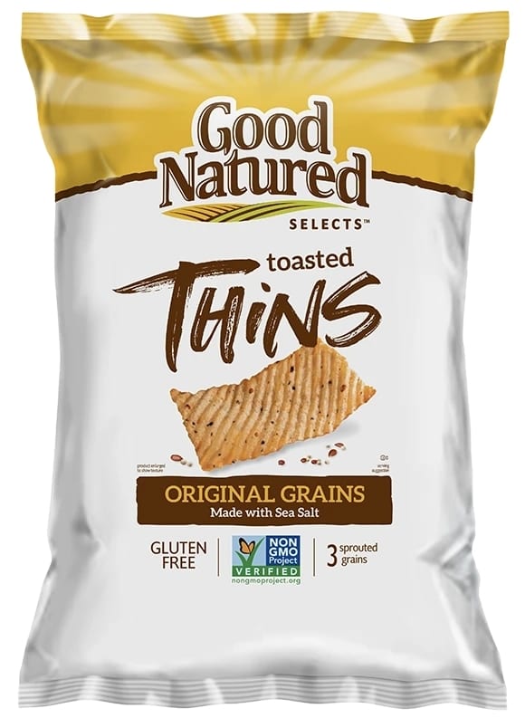 Snack bag, Product, Toasted snack thins, Grains, Logo, Packaging