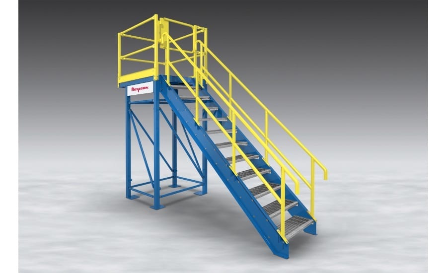 Platform, Stairs, Railings, Yellow, Blue, Metal