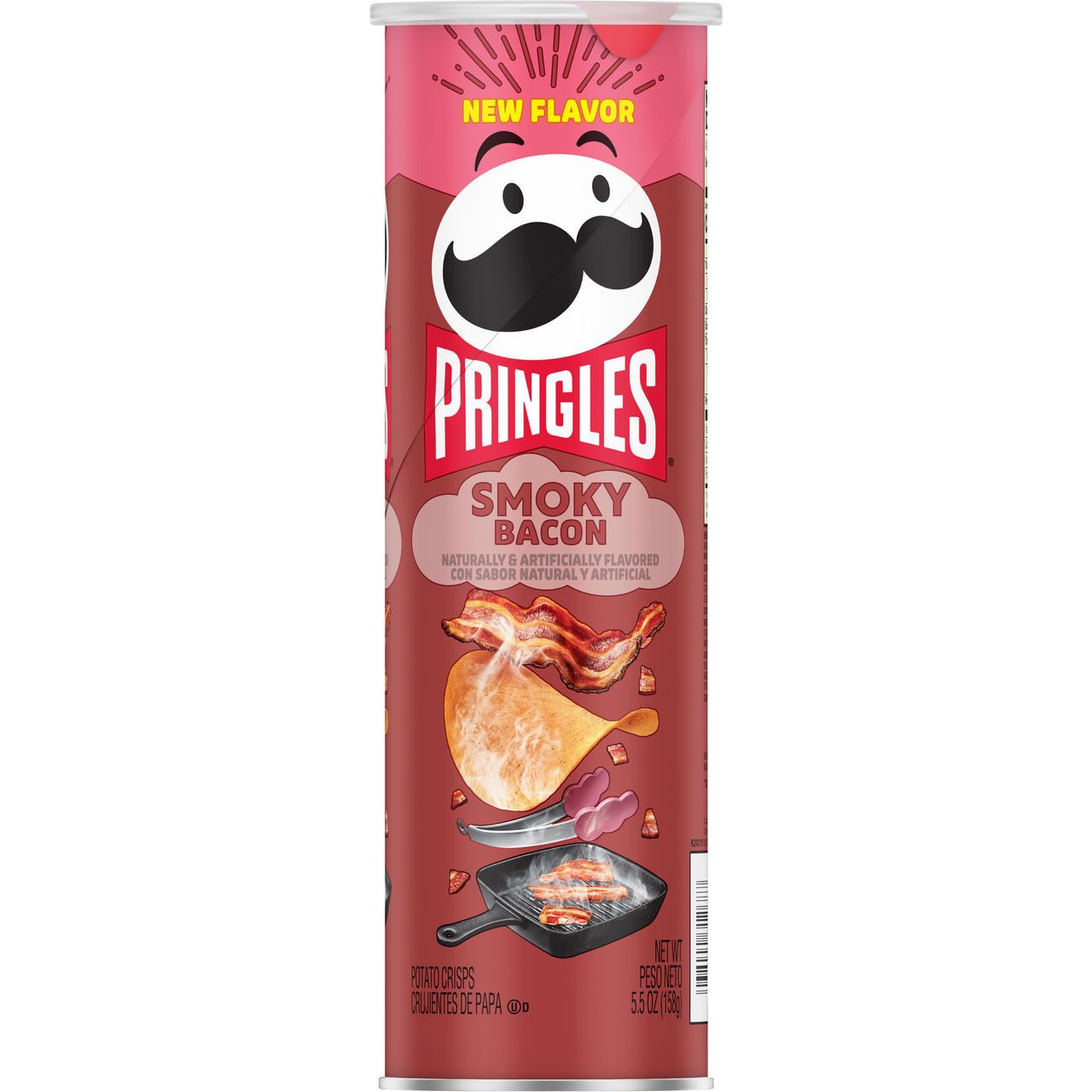 Pringles Smoky Bacon new flavor can with bacon and chip.