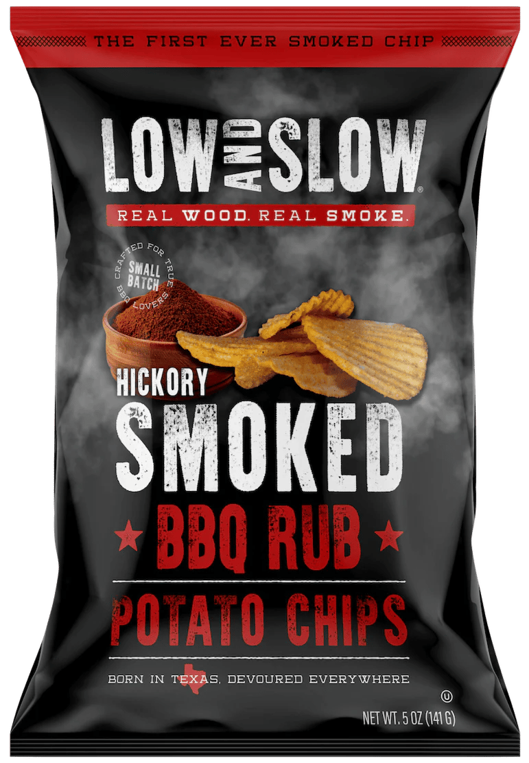 Low and Slow Hickory Smoked BBQ Rub Potato Chips bag, "The First Ever Smoked Chip".