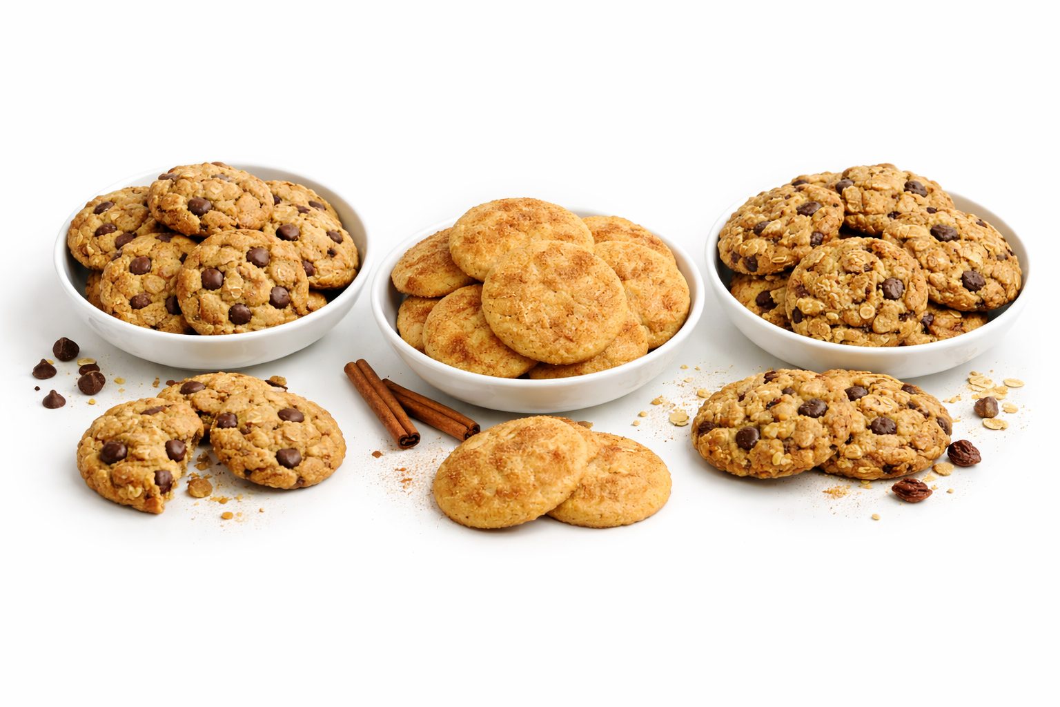 Three bowls of chocolate chip oatmeal and snickerdoodle cookies on a white background.