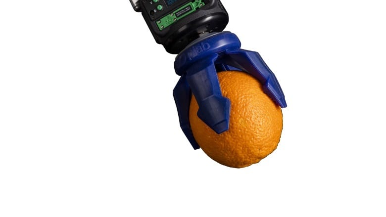 Robotic arm, Orange, Fruit, Claw, Grip, Blue plastic, Black plastic, Machine