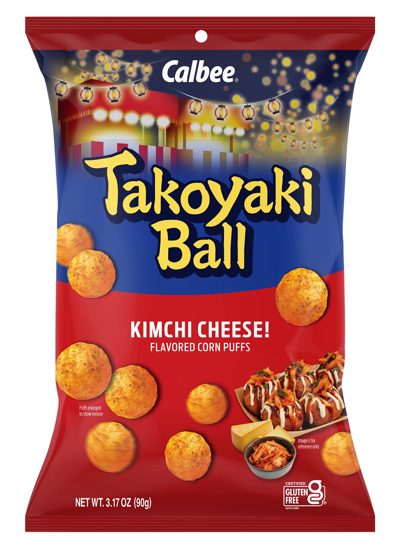 Calbee Takoyaki Ball Kimchi Cheese flavored corn puffs snack bag.