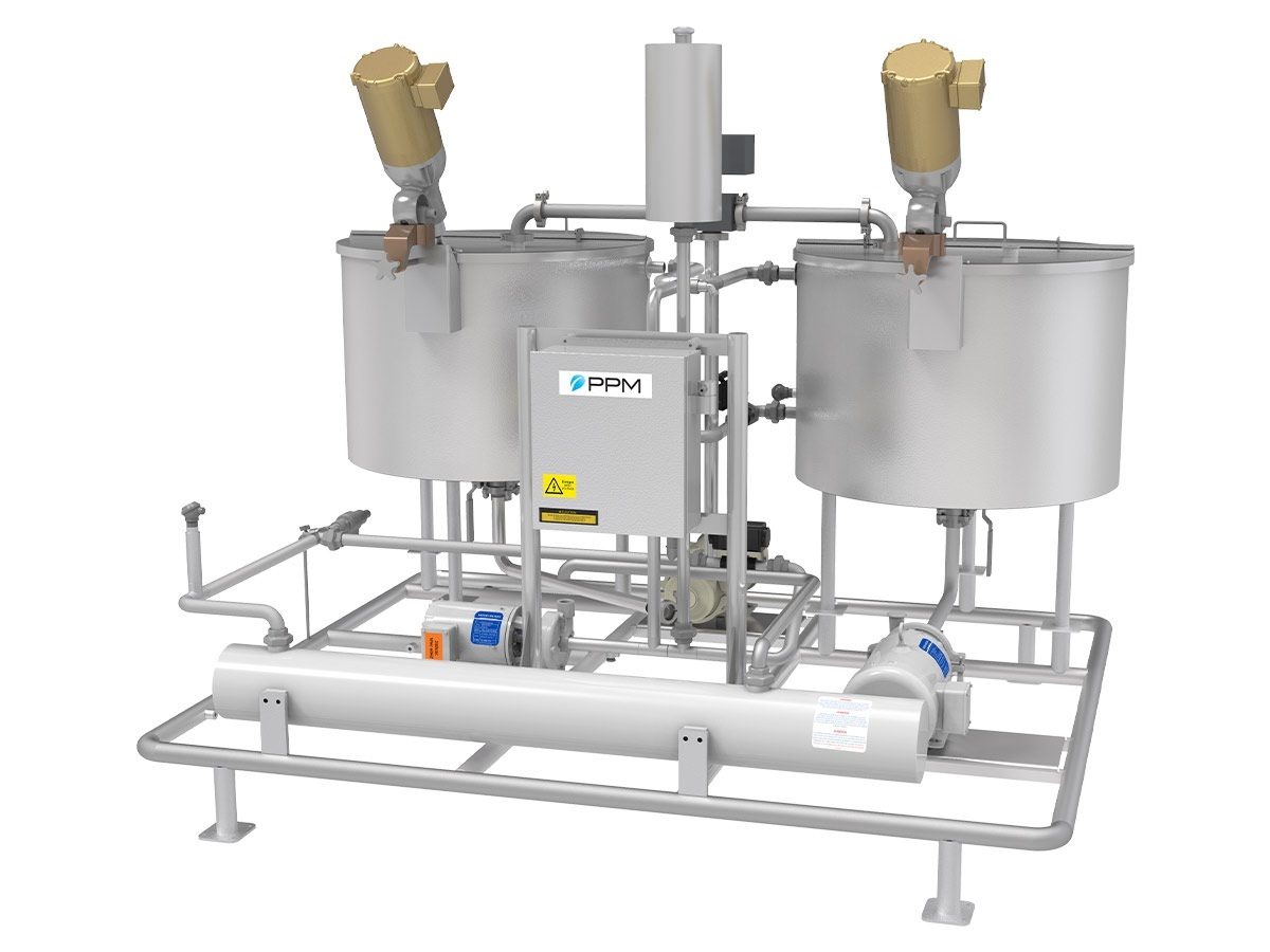 Stainless steel industrial machine with two tanks, pumps, and pipes, featuring a 'PPM' logo.