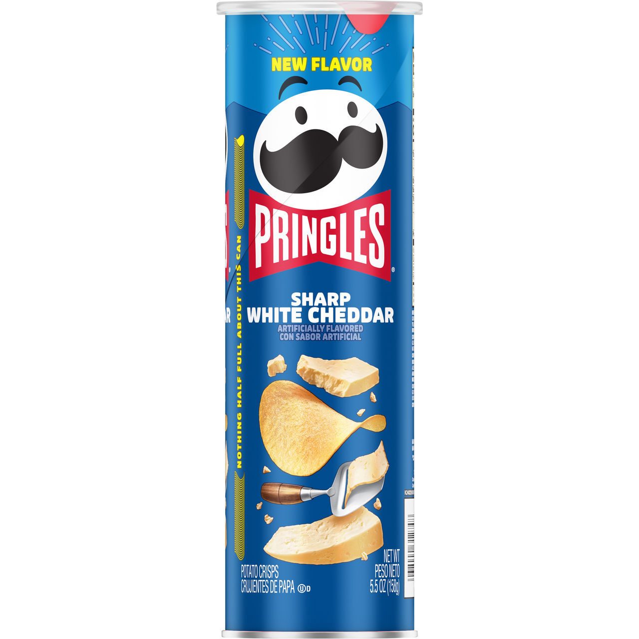 Blue Pringles can: "New Flavor Sharp White Cheddar," with chips and cheese visuals.