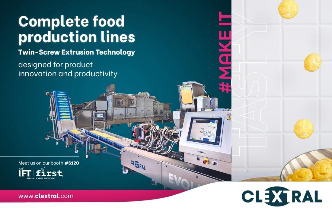 CLEXTRAL ad for Twin-Screw Extrusion food production lines, showing machinery and snacks.