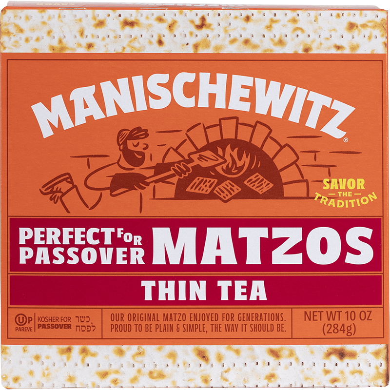 Box of Manischewitz Thin Tea Matzos, perfect for Passover, featuring a baker in front of an oven.