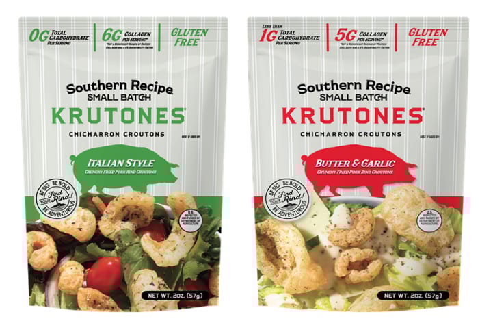 Southern Recipe Small Batch Krutones Chicharron Croutons, Italian Style and Butter & Garlic, in gray, green, and red packaging