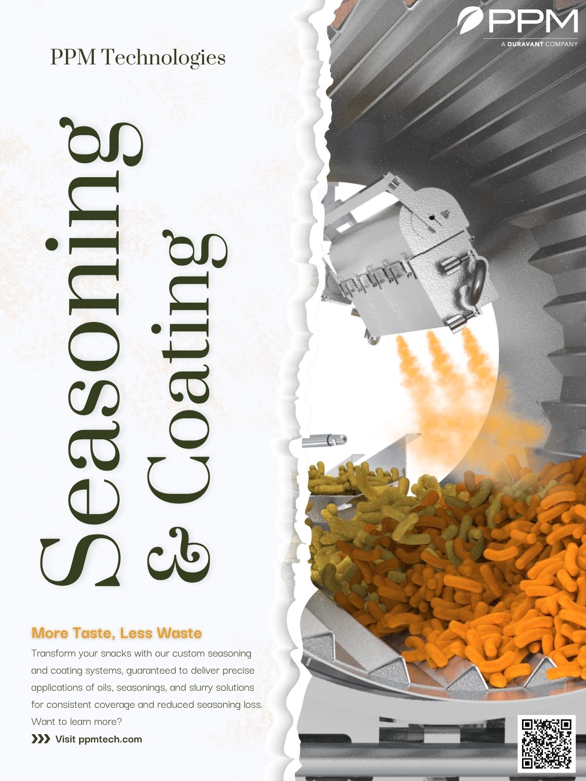Ad for PPM Technologies Seasoning & Coating systems, showing snacks and equipment.