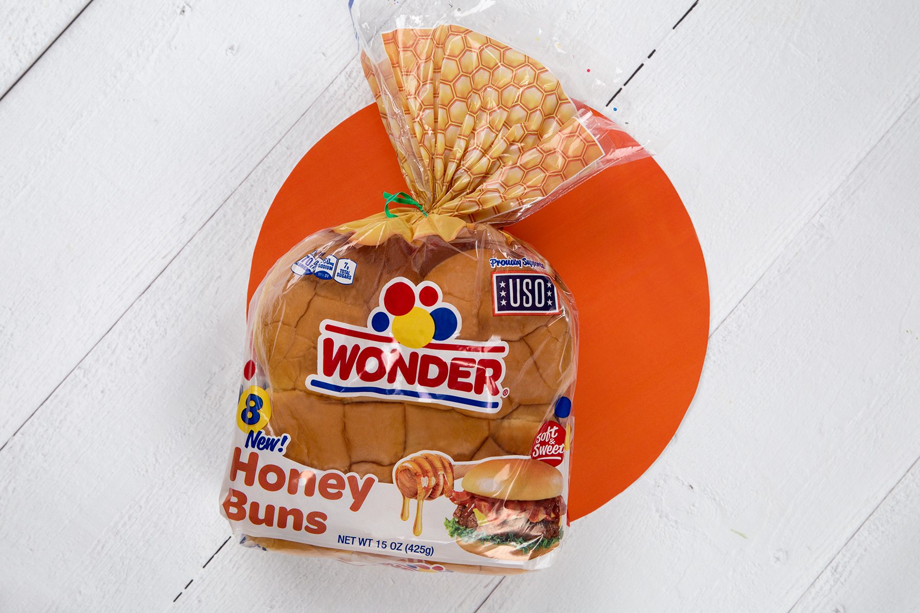 Hamburger buns, Honey, Orange circle, Packaging, Twist tie