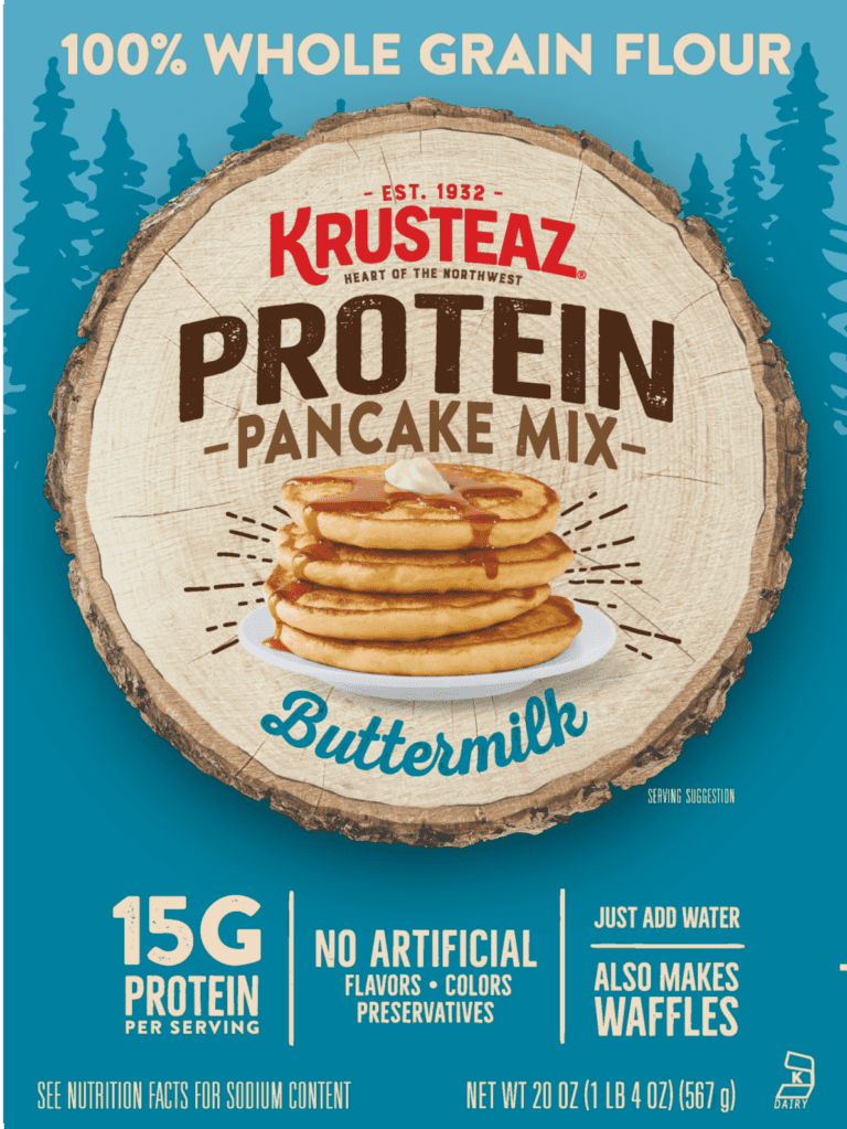 Krusteaz Protein Pancake Mix with buttermilk flavor, showing pancakes, 15g protein, and no artificial ingredients.