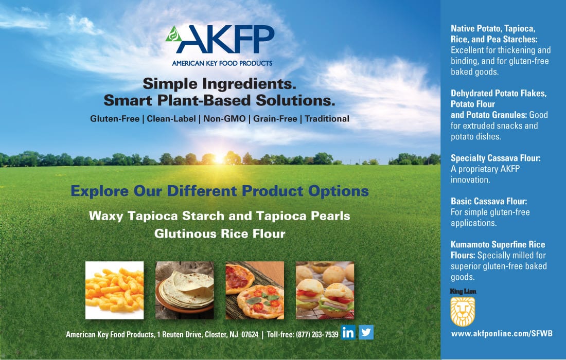 AKFP ad: Plant-based ingredients, gluten-free starches & flours for various food applications.