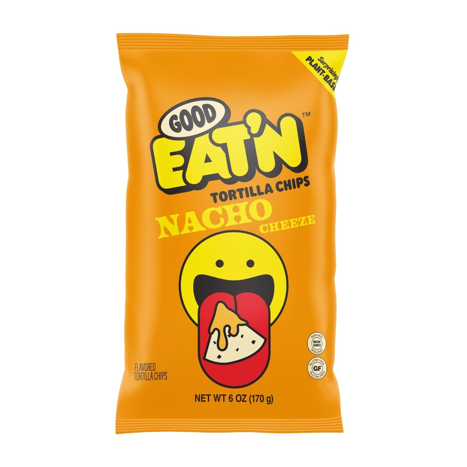 Orange bag of Good Eat'n Nacho Cheeze Tortilla Chips with a smiling face graphic and plant-based label.