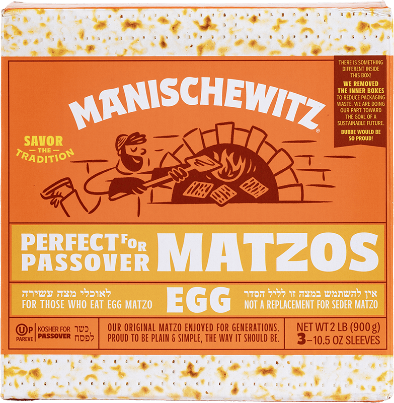 Manischewitz Egg Matzo box, featuring a baker at an oven, "Perfect for Passover".