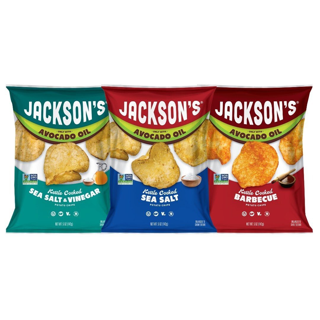 Jackson's Kettle Cooked Avocado Oil Potato Chips: Sea Salt & Vinegar, Sea Salt, Barbecue.