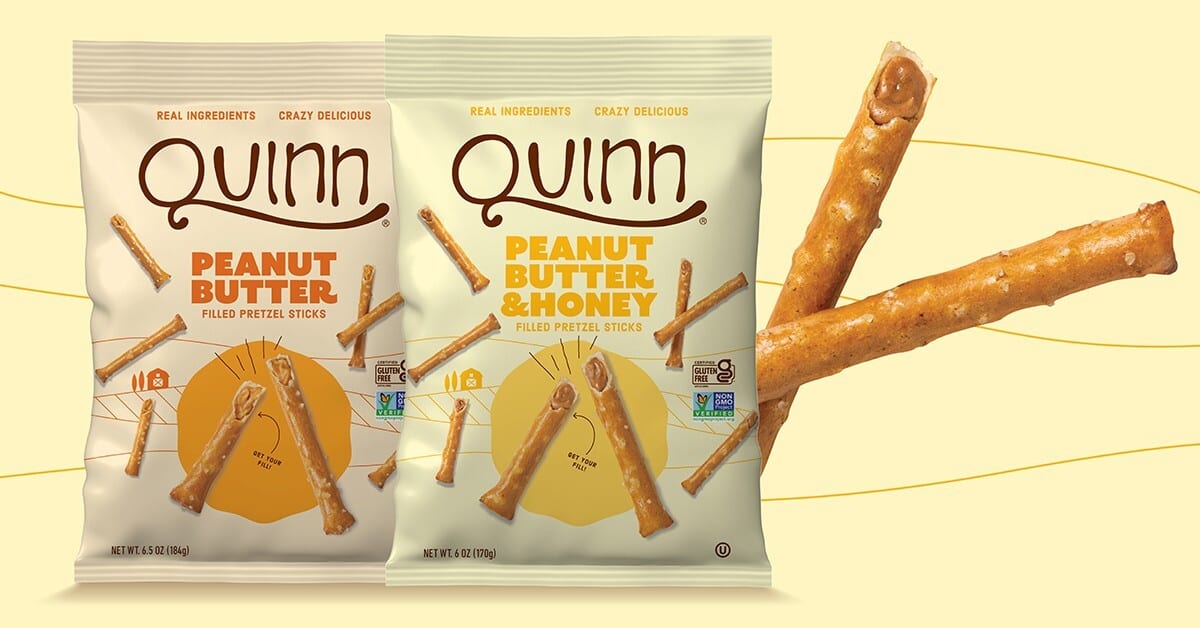 Quinn Peanut Butter & Peanut Butter & Honey Filled Pretzel Sticks bags and loose sticks.
