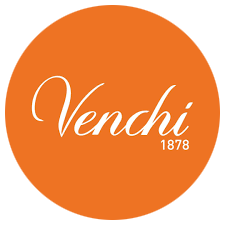 Venchi logo: orange circle with white script text "Venchi" and "1878".