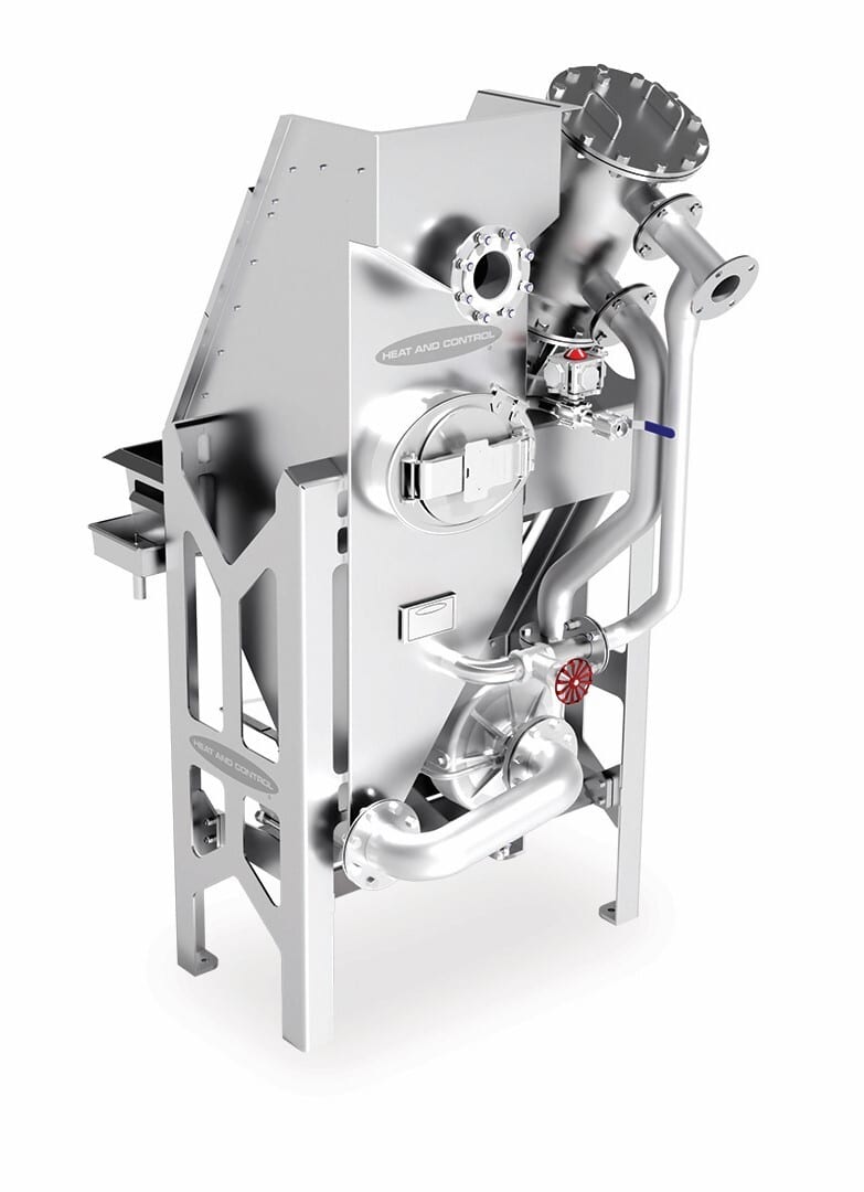 Stainless steel industrial processing machine with pipes, valves, and "HEAT AND CONTROL" branding.