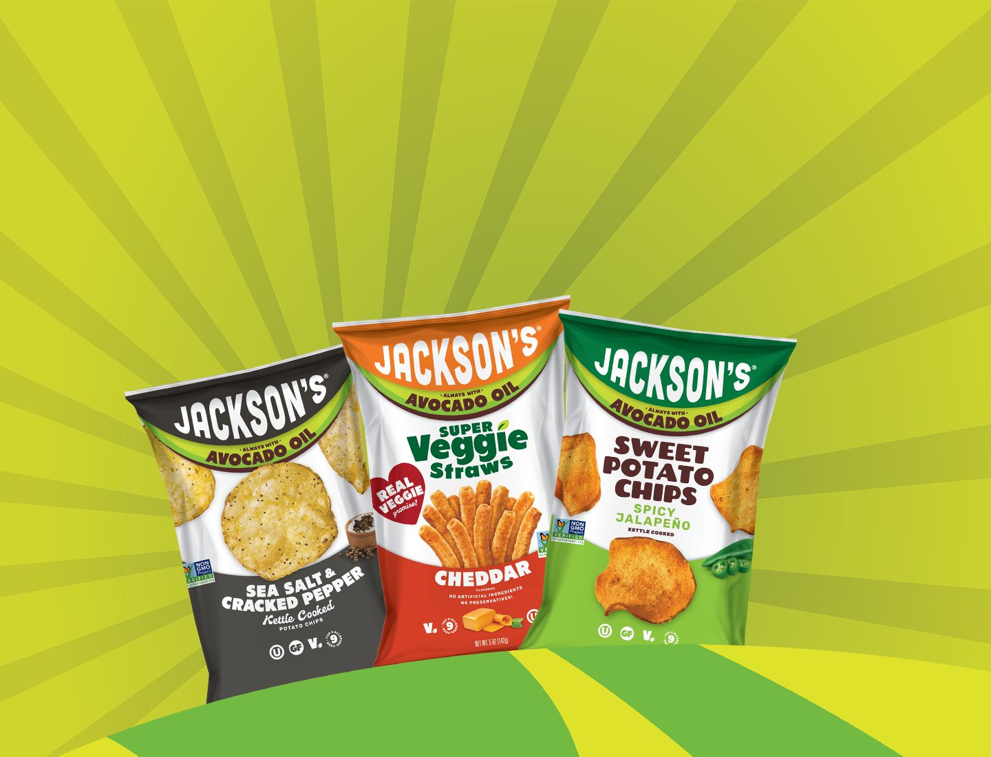 Three Jackson's snack bags: Sea Salt & Pepper chips, Cheddar Veggie Straws, Spicy Jalapeño Sweet Potato Chips.