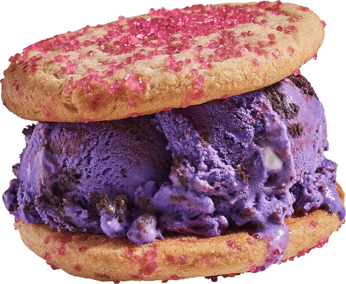 Purple ice cream sandwich with pink-sprinkled cookies.