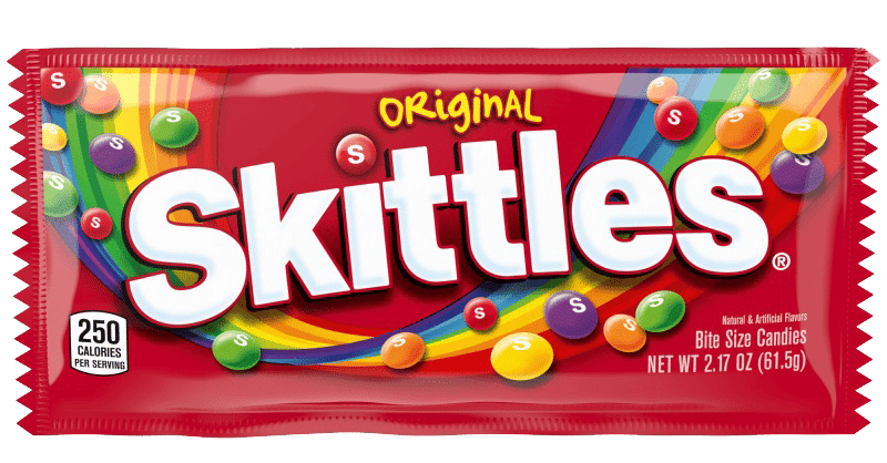 Red Skittles Original candy bag with colorful candies, 250 calories, and 2.17 oz.
