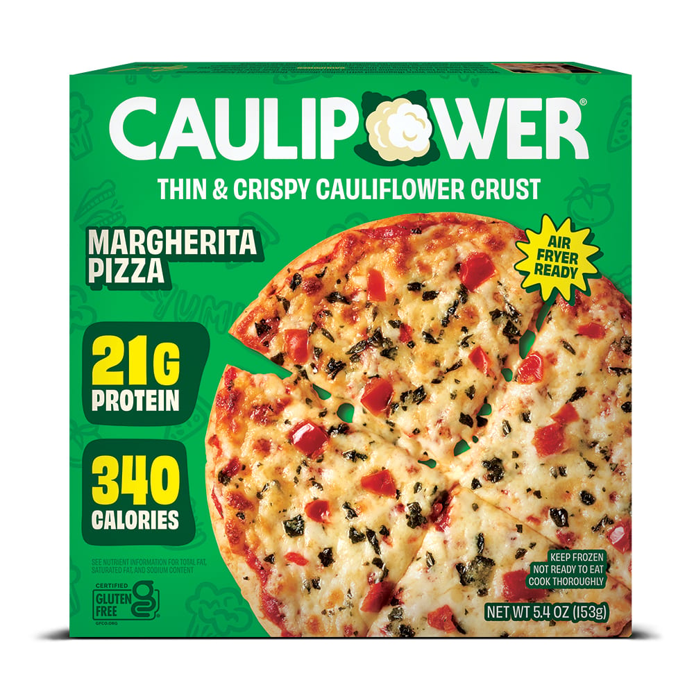 Green CAULIPOWER Margherita pizza box with pizza image, 21g protein, 340 calories, gluten-free.