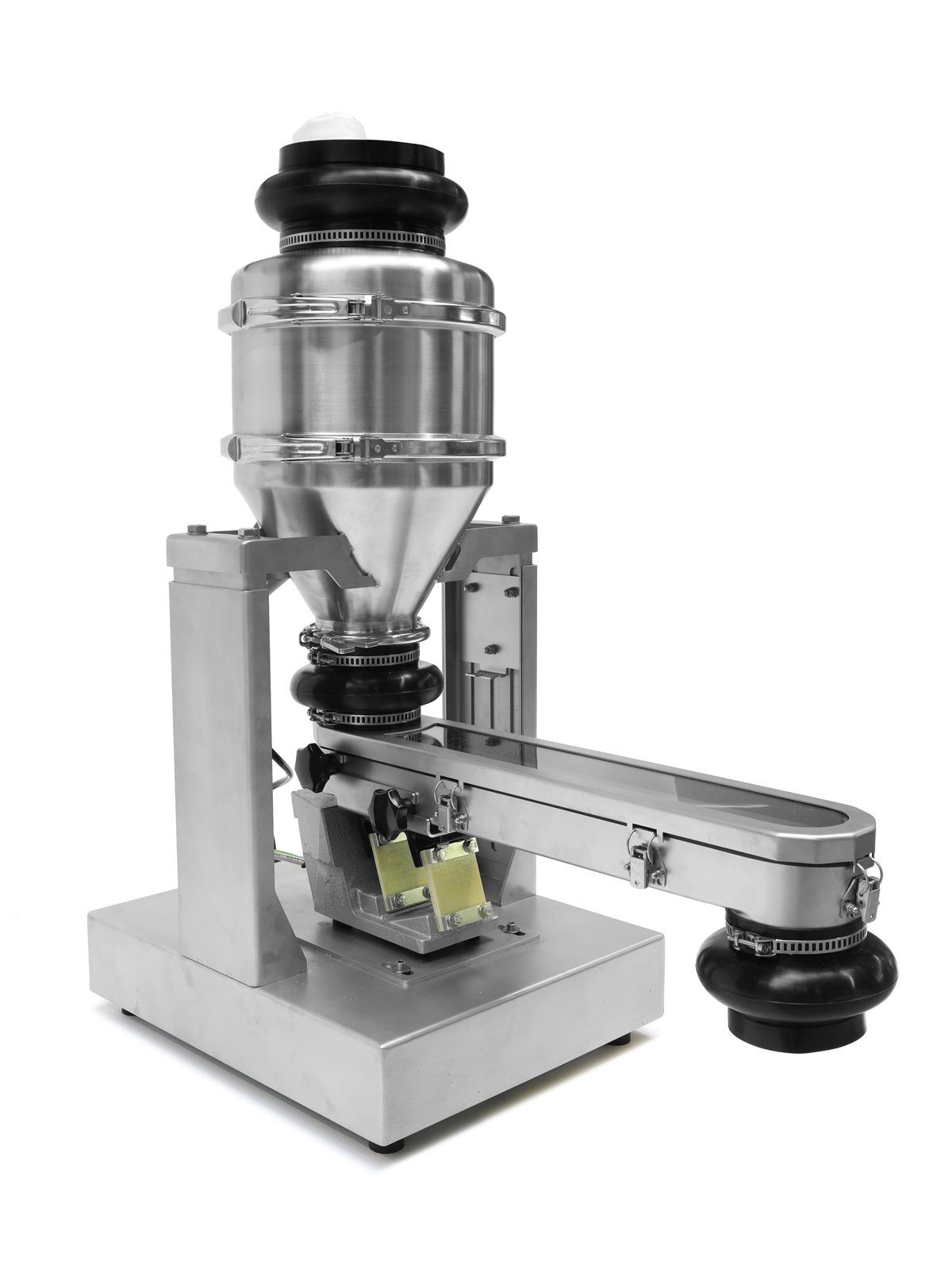 Stainless steel industrial dispensing machine with a top hopper, horizontal conveyor, and rubber bellows.