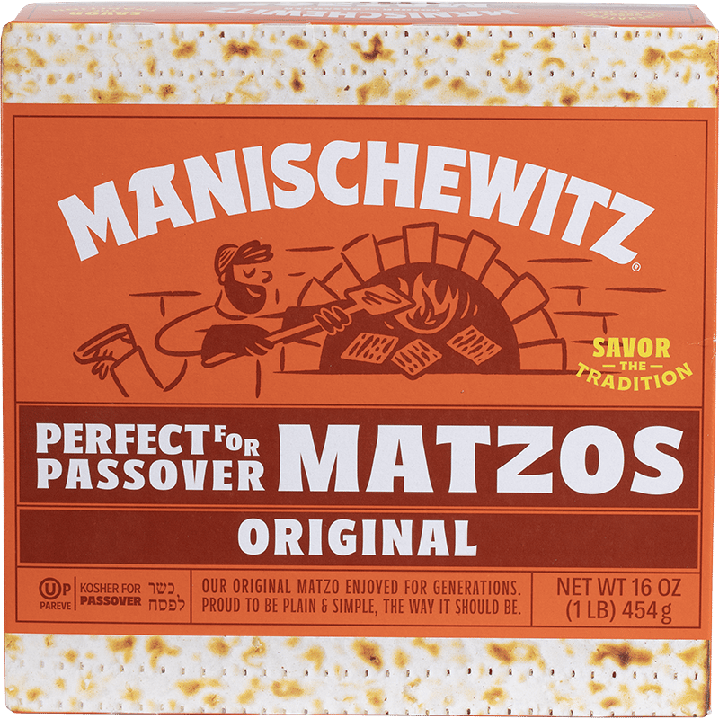 Orange Manischewitz Matzos box, "Perfect for Passover", featuring a baker and brick oven graphic.