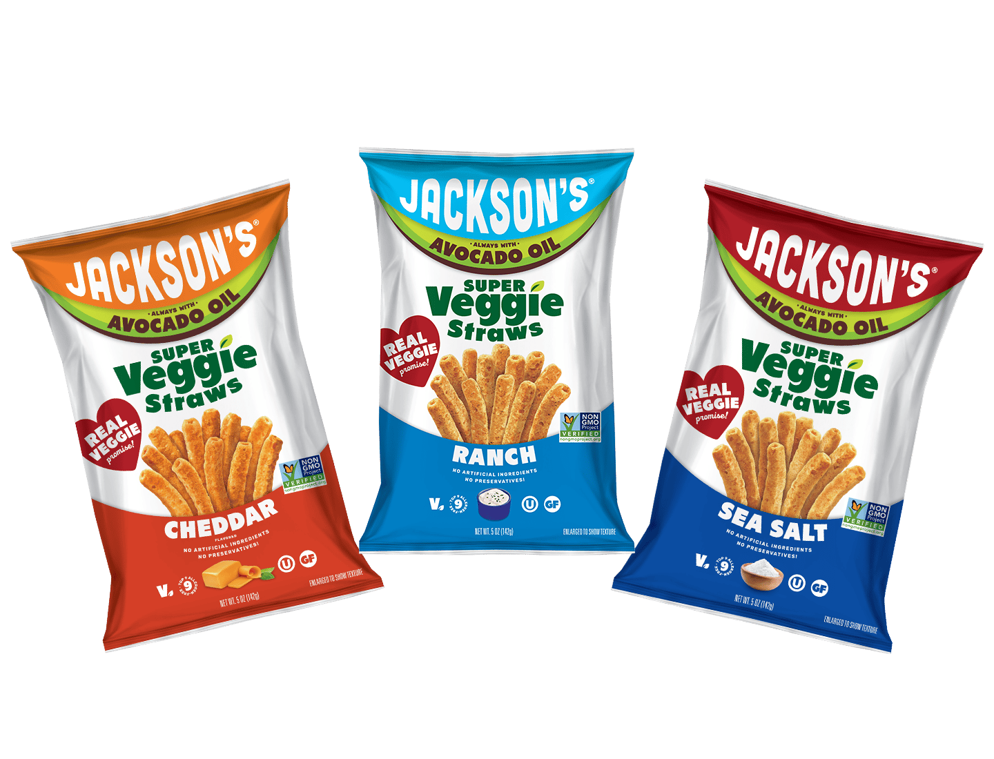Three bags of Jackson's Super Veggie Straws: Cheddar, Ranch, and Sea Salt flavors.