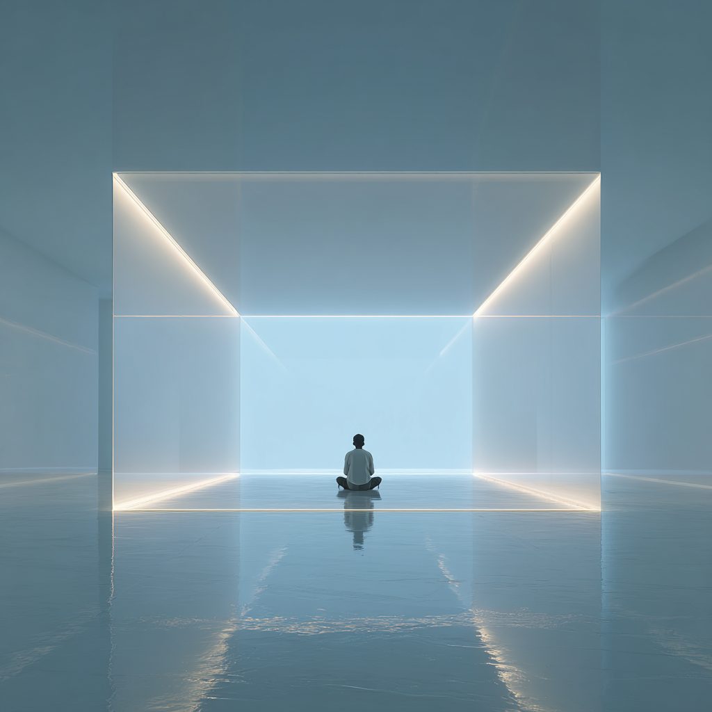 Figure sits in luminous, modern blue cube on reflective floor, creating a serene, futuristic scene.