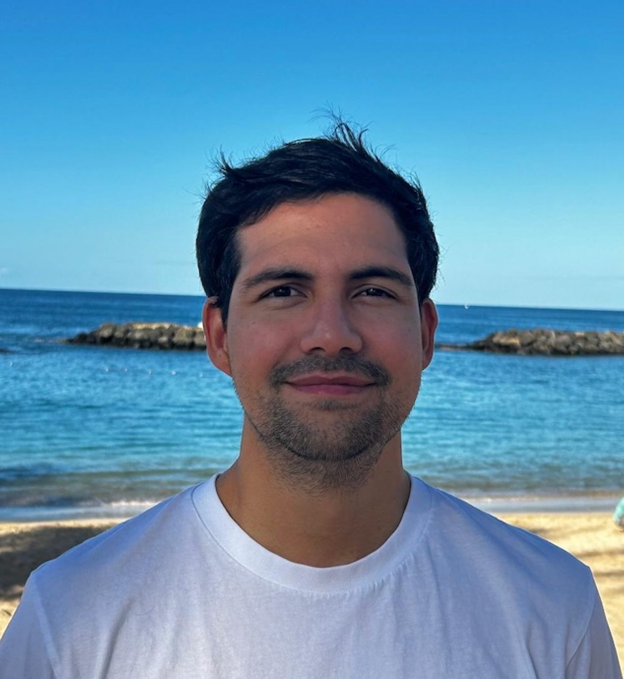 Smiling man with dark hair and beard, wearing a white t-shirt, on a sunny beach with blue ocean.