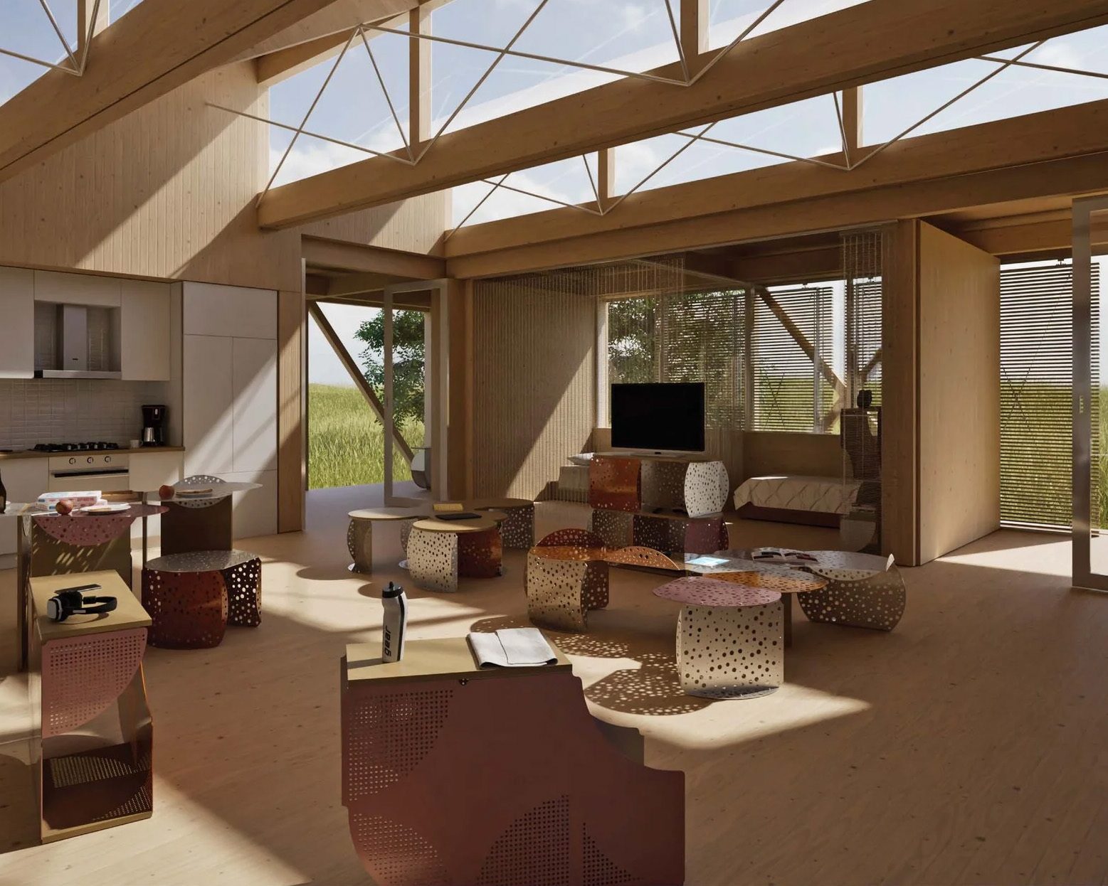 Bright, modern open-plan home interior with kitchen, lounge, and bedroom, featuring perforated furniture.