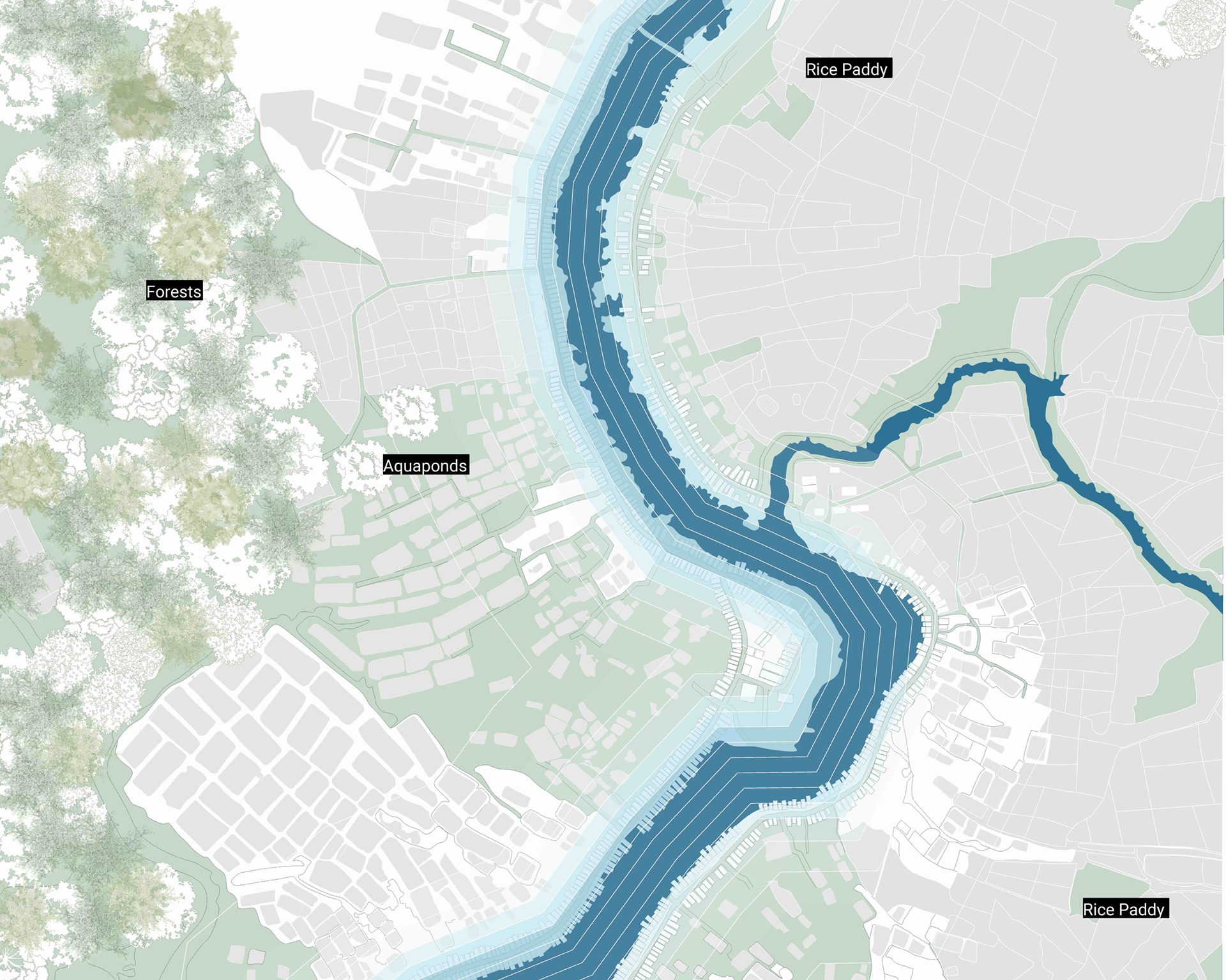 An aerial map of a winding river, adjacent forests, aquaponds, and rice paddies, illustrating diverse land use.