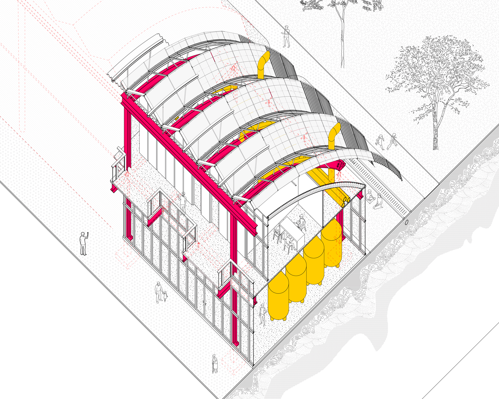 Isometric architectural drawing of a building with red structural beams, a curved roof, and yellow storage tanks.