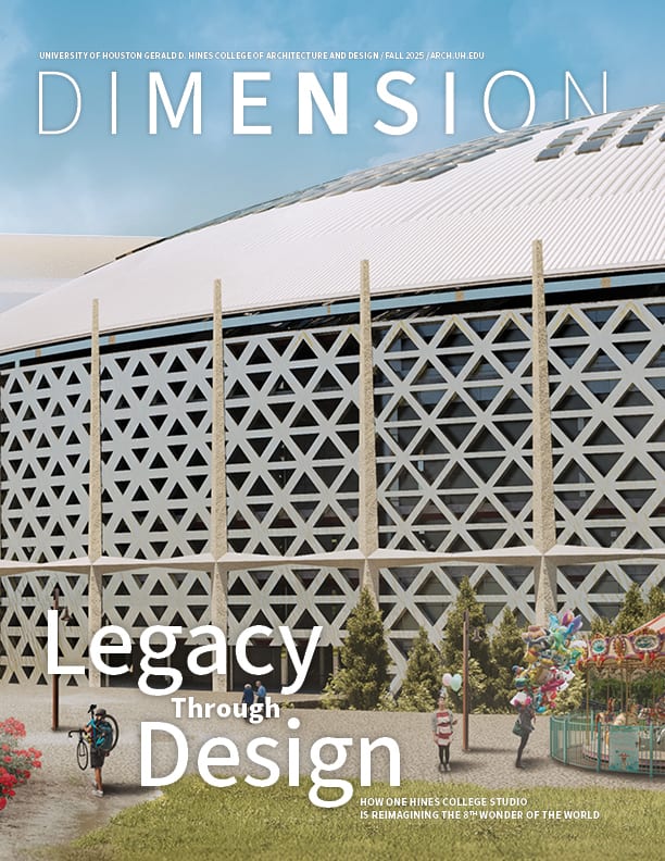 Magazine cover: "DIMENSION", "Legacy Through Design", featuring a modern building with a patterned facade.