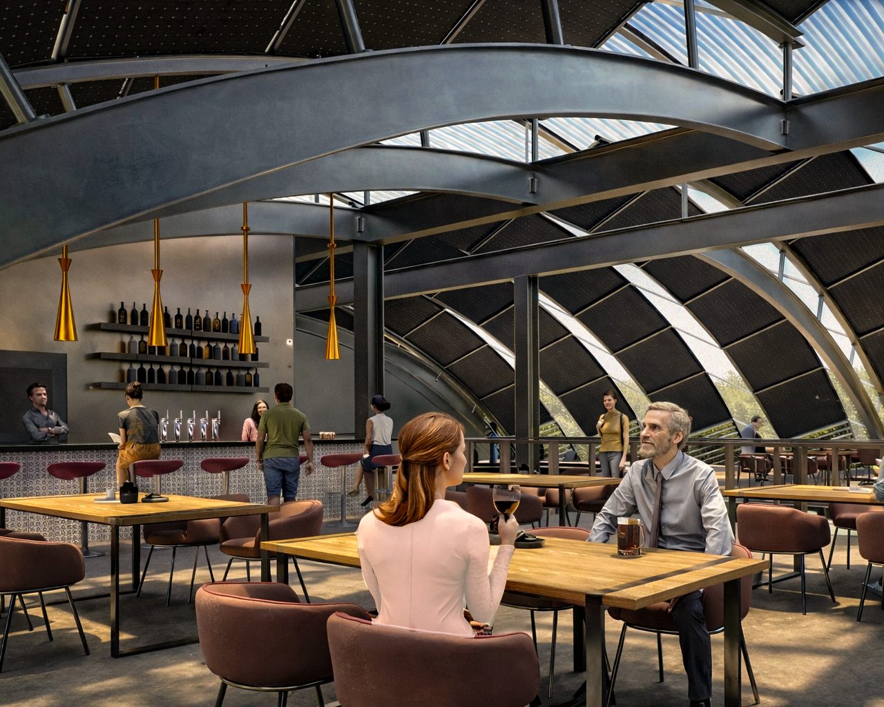 An upscale bar and restaurant with a unique arched ceiling and skylights, featuring patrons enjoying drinks.
