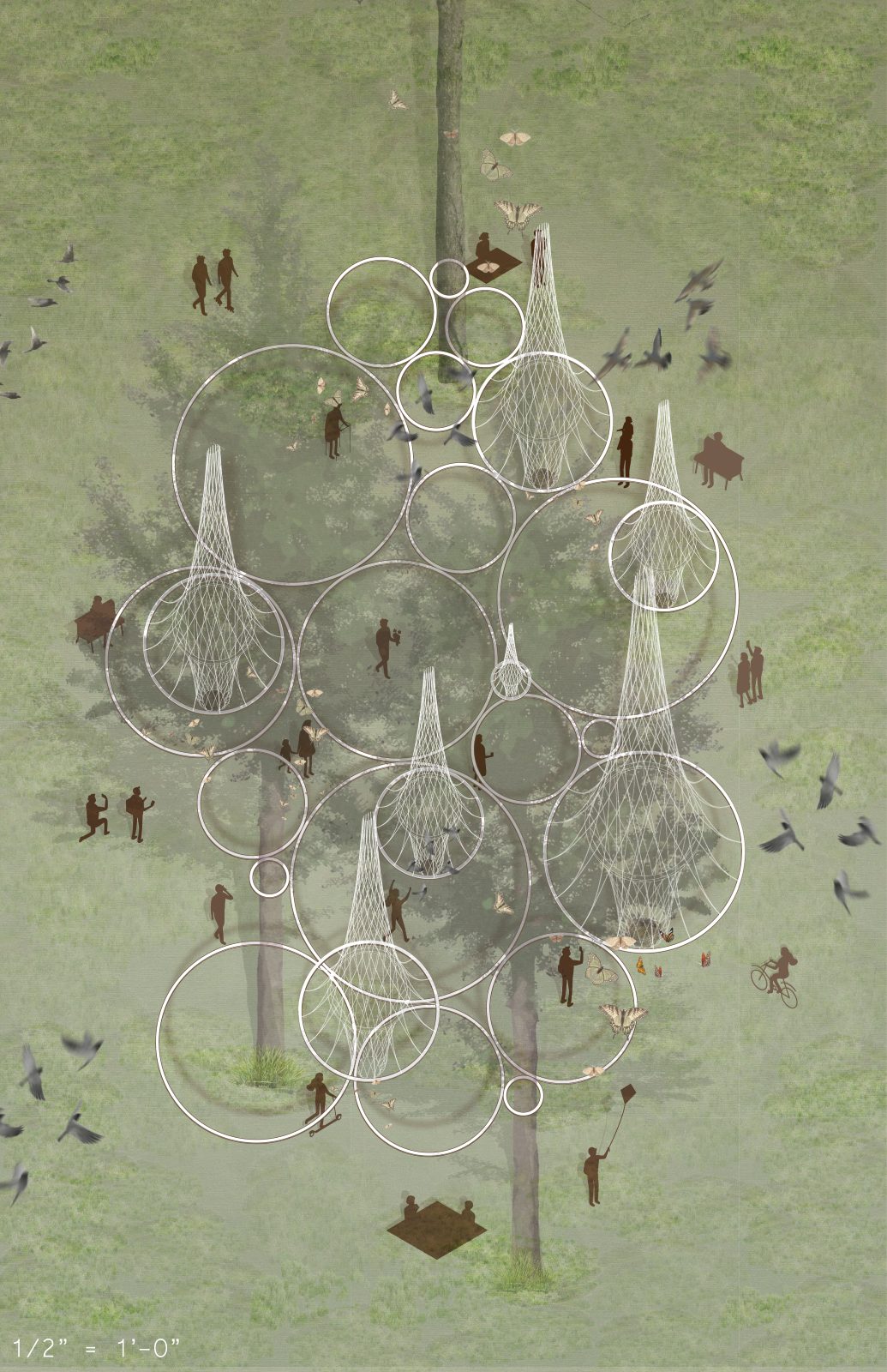 Overhead park scene: white circles, mesh towers, silhouetted people, and scattered wildlife.