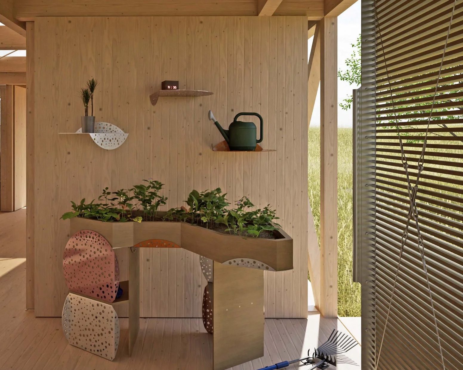 Indoor garden with wooden planter, shelves, watering can, and window looking onto a field.