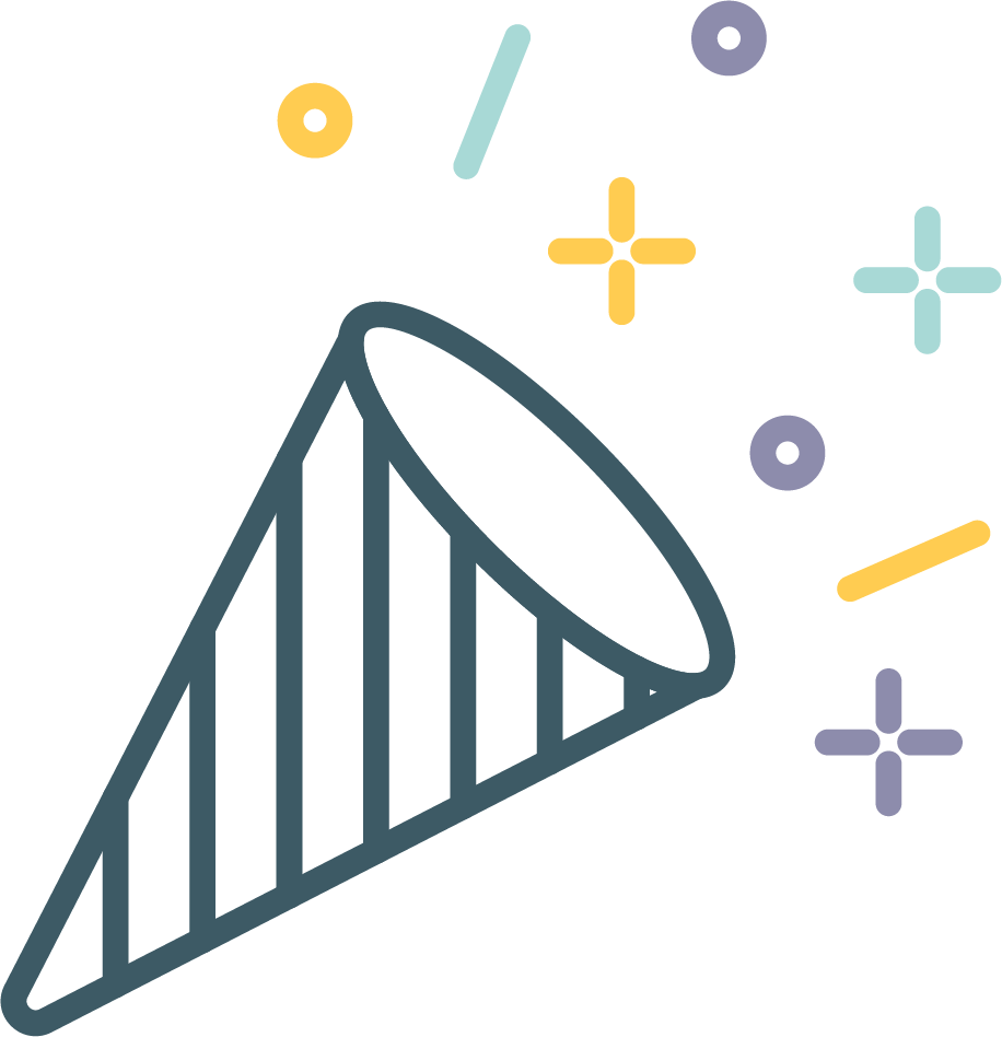 An icon depicting a party popper emitting colorful confetti and sparkles, symbolizing celebration and fun.