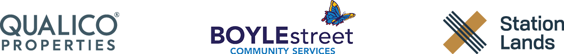 Logos for Qualico Properties, Boyle Street Community Services, and Station Lands.