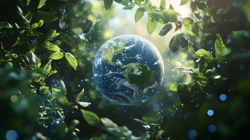 Earth surrounded by lush green leaves and sunlight