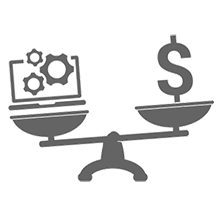 Scale balancing laptop and gears with a dollar sign.