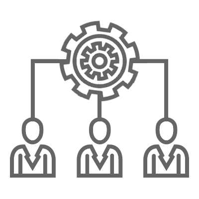 Gear connected to three people icons, representing management or organization.