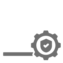 Gear icon with a shield and checkmark, connected to a line, symbolizing secure settings or process.