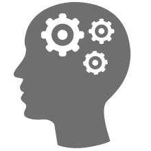 Human head silhouette with gears inside, symbolizing thought.