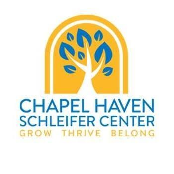 Logo for Chapel Haven Schleifer Center featuring a yellow arch, white tree with blue leaves, and the motto 'GROW THRIVE BELONG'.