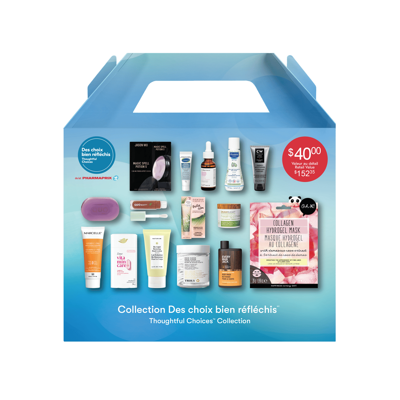 Pharmaprix 'Thoughtful Choices' beauty box with assorted skincare, makeup, and body care items.